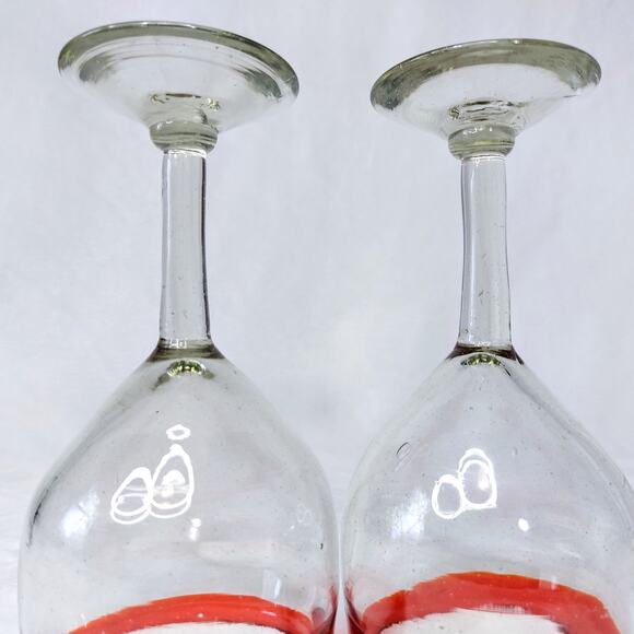 Hand Blown Mexican Wine Margarita Glasses Red Rim Set of 2 Water Goblet Balloon - Picture 3 of 12